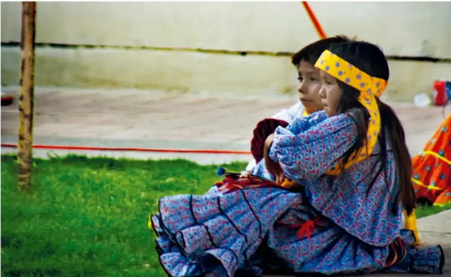 Fotografía de dos niñas indígenas con vestimenta tradicional y cinta amarilla en la cabeza, sentadas en el pasto; ilustra la diversidad cultural y lingüística de México.