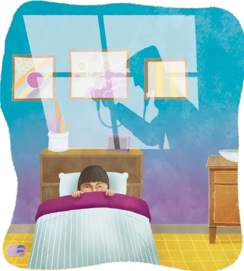 Ilustración de Lu en cama, con expresión pensativa, cobijada hasta el cuello; a su lado una mesa de noche con una planta y un marco, y al fondo una ventana con silueta de un médico auscultando. Colores azules y morados.