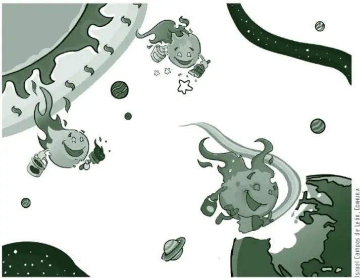 Ilustración de estilo caricaturesco con planetas, cometas y cuerpos celestes sonrientes que flotan en el espacio; uno de ellos sostiene un biberón. A la derecha se observa el planeta Tierra. Crédito: Israel Lámparo, El río, Chonhua.