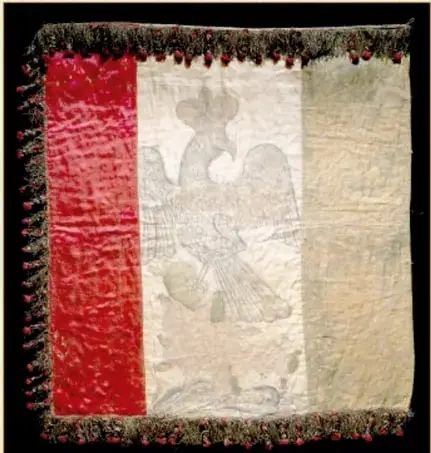 Primer diseño de la bandera de México en 1821, con franjas y un águila coronada.