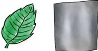 Ilustración de una hoja verde junto a una lámina rectangular de metal gris, que representan los componentes de la palabra hojalata.