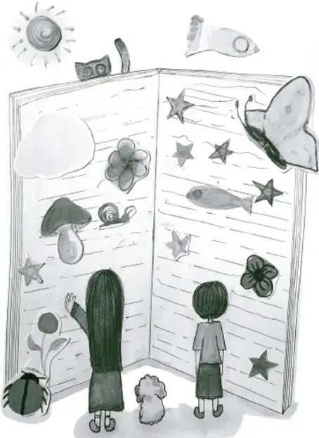 Ilustración de un libro abierto con figuras de la naturaleza (sol, luna, estrellas, flores, mariposa, caracol) y dos personas de espaldas observándolo. Debajo, el crédito: Sinaí Martínez Guzmán, Estado de México.