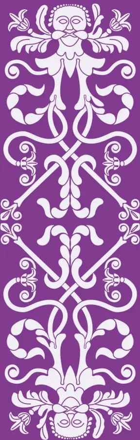 Ilustración decorativa de color morado con figuras simétricas de estilo prehispánico: rostros, flores y roleos que enmarcan el texto.