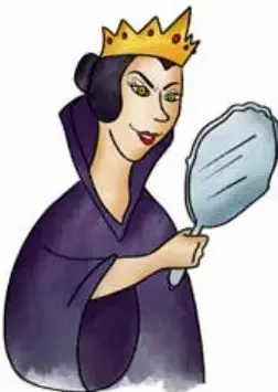 Ilustración de la madrastra: mujer de cabello negro con corona dorada, capa morada, sosteniendo un espejo de mano y observándose en él.