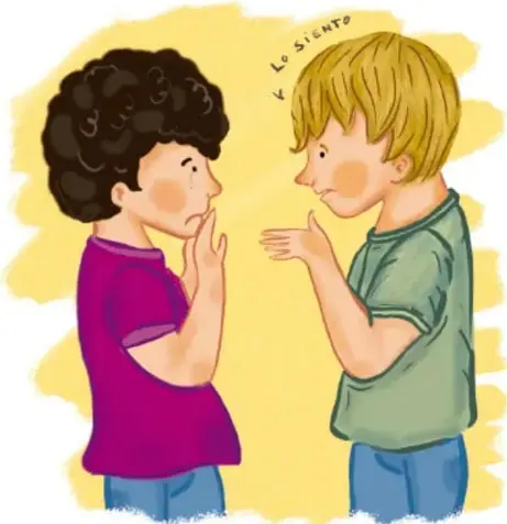 Ilustración de dos niños: uno de cabello oscuro y playera morada que dice 'Lo siento' con la mano en el pecho, y otro de cabello rubio y playera verde que lo escucha con gesto de comprensión.