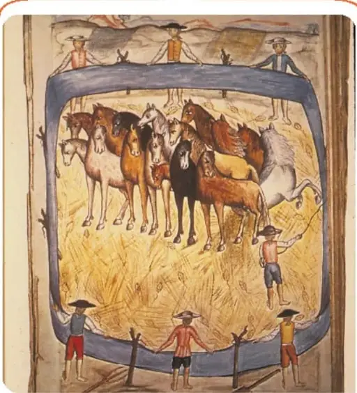 Grabado que muestra a jinetes y trabajadores en un corral con caballos, relacionado con la agricultura extensiva y la ganadería.
