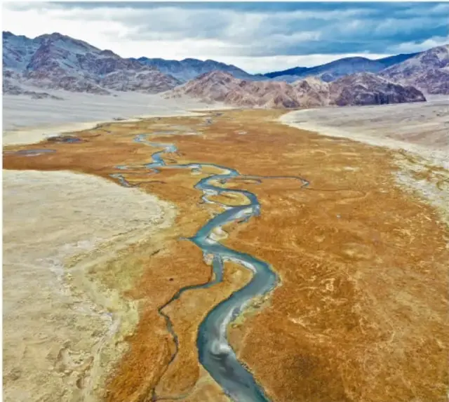 Fotografía aérea de un río de aguas azules que bifurca su cauce formando brazos ramificados en un valle desértico con montañas.