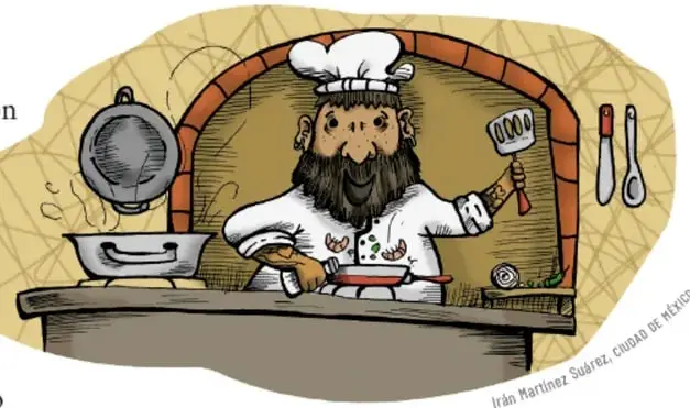 Ilustración de un panadero con gorro y delantal dentro de una panadería, sosteniendo una pala de horno; a un lado hay utensilios de cocina.