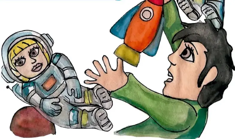 Ilustración de dos astronautas flotando y un adulto con casco espacial observando, sosteniendo un cohete de juguete; estilo acuarela.
