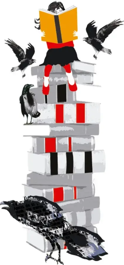 Niña sentada sobre una torre de libros leyendo, rodeada de cuervos negros.