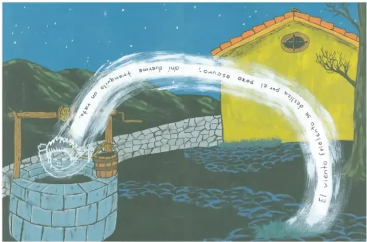 Patio con pozo de piedra, cubo y polea: el viento blanco baja en curva hacia el pozo oscuro para dormir; casa amarilla de techo naranja y árbol seco al fondo.