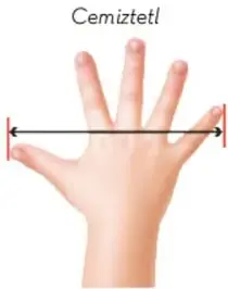Ilustración de una mano abierta que muestra la medida del cemiztetl, entre el dedo pulgar y el meñique.