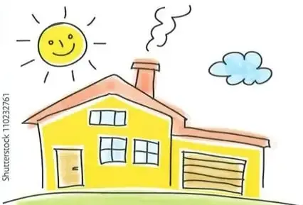 Ilustración de una casa amarilla con techo anaranjado, ventanas, una puerta y un garaje; alrededor aparecen el sol, una nube y césped.