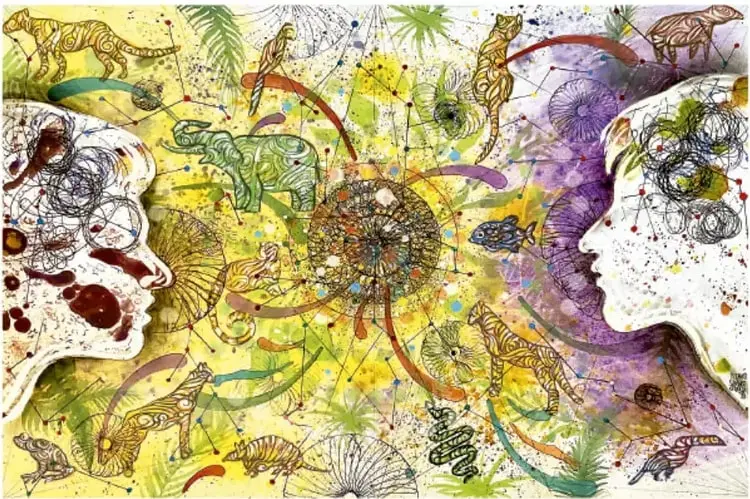 Ilustración de arte contemporáneo con dos perfiles de rostros humanos enfrentados, jaguares, serpientes, hojas, telarañas y salpicaduras de color sobre fondo amarillo y morado, firmada por Octavio Sánchez Oropeza, Veracruz.