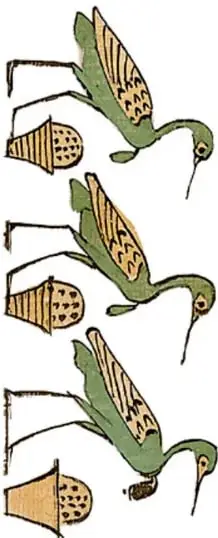 Serie de aves estilizadas estampadas, repetidas en diferentes ángulos.