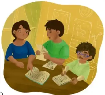 Ilustración de tres niñas y niños leyendo y escribiendo juntos en una mesa; crédito: Diana Ivette Gutiérrez Cisneros, Guanajuato.
