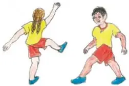 Ilustración de una portería de fútbol con una niña arquardera y dos niños jugando en un campo con gradas.