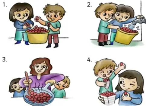 Dos niños recogen frutillas y las ponen en un canasto amarillo.