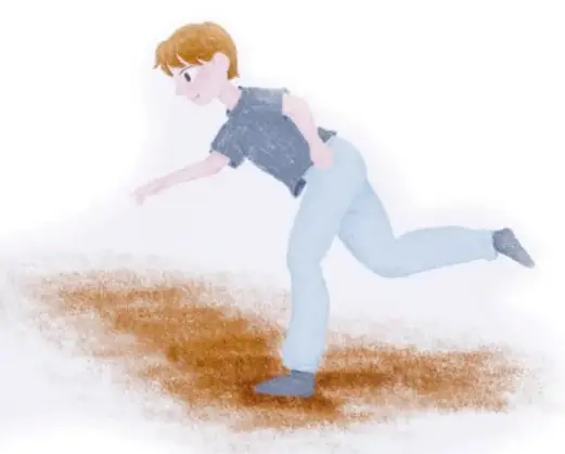 Ilustración de un joven corriendo hacia la derecha, con expresión de sorpresa, sobre un fondo de tierra.