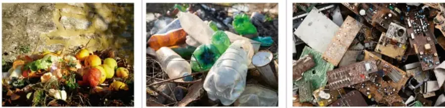 Tres imágenes que ilustran los tipos de basura: orgánica (restos de frutas y verduras), inorgánica (botellas de plástico y vidrio) y manejo especial (desechos electrónicos y pilas).
