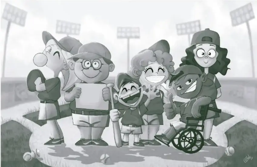 Ilustración de un grupo diverso de niños y niñas jugando béisbol en un campo, uno de ellos en silla de ruedas, con actitud alegre y colaborativa.