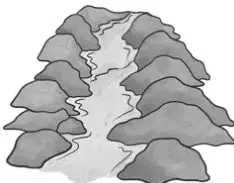 Ilustración de un paisaje de montañas con un río que baja entre ellas.