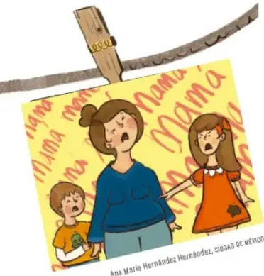 Ilustración de una familia con cartel de 'Mamá' y rostros sorprendidos.