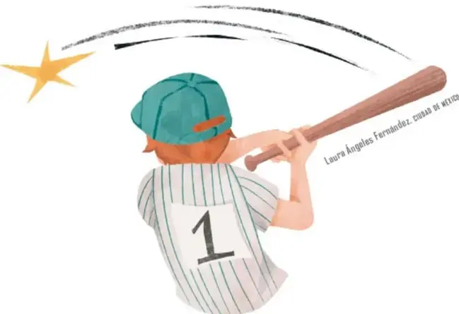 Ilustración de un beisbolista visto de espaldas con el número 1 en el uniforme, gorra verde, empuñando el bate con una estrella amarilla en el lanzamiento; firma: Laura Ángeles Fernández, Ciudad de México. Representa el sueño de Albert de ser beisbolista profesional.
