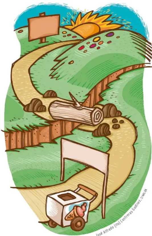 Ilustración de un camino serpenteante entre colinas verdes con un tronco caído, un letrero y un carrito de helados; los rótulos y caminos evocan el recorrido del inicio al final de una historia.