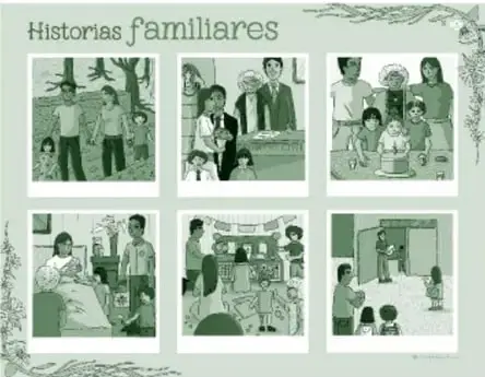 Ilustración en verde titulada 'Historias familiares': seis fotografías enmarcadas que muestran distintos momentos de la vida familiar (niños al aire libre, abuelos, bebés, celebraciones, personas enfermas o cuidadas, y una casa), con detalles ornamentales de árbol en los bordes.