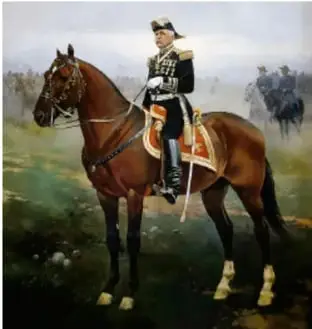 Pintura ecuestre de Porfirio Díaz con uniforme militar sobre un caballo, en un paisaje abierto.