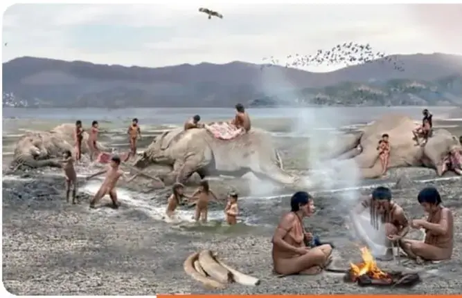 Ilustración de los primeros pobladores cazando y recolectando junto a un río, con mamuts y aves.