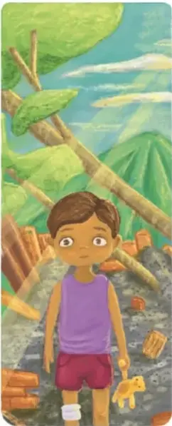 Ilustración de Newén, un niño de nueve años, de pie entre escombros y árboles caídos tras el huracán.