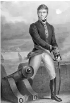 Retrato de Juan Ruiz de Apodaca de cuerpo entero, con uniforme militar y una pierna apoyada sobre un cañón; al fondo se observa un paisaje.