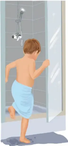 Ilustración de un niño con toalla entrando a una regadera, con azulejos y una flor en el cabello.