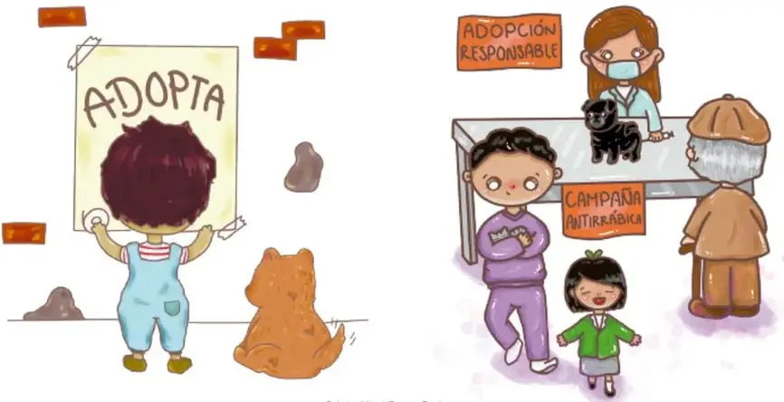 Niño pegando un cartel en una pared con el lema ADOPTA, con un perro naranja sentado al lado.