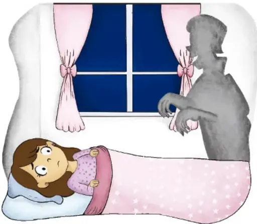 Niña despierta en su cama, asustada, mientras una sombra oscura con garras y orejas puntiagudas se asoma por la ventana con cortinas rosas.