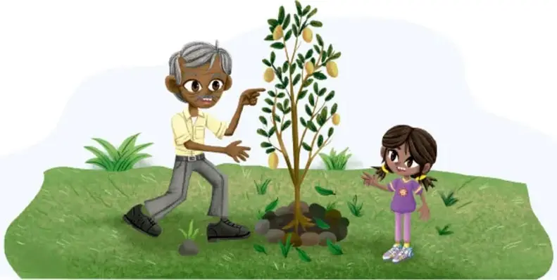 Ilustración de un abuelo y una niña junto a un árbol frutal en un terreno verde (crédito: Armando Amezcua Mora, Guanajuato).