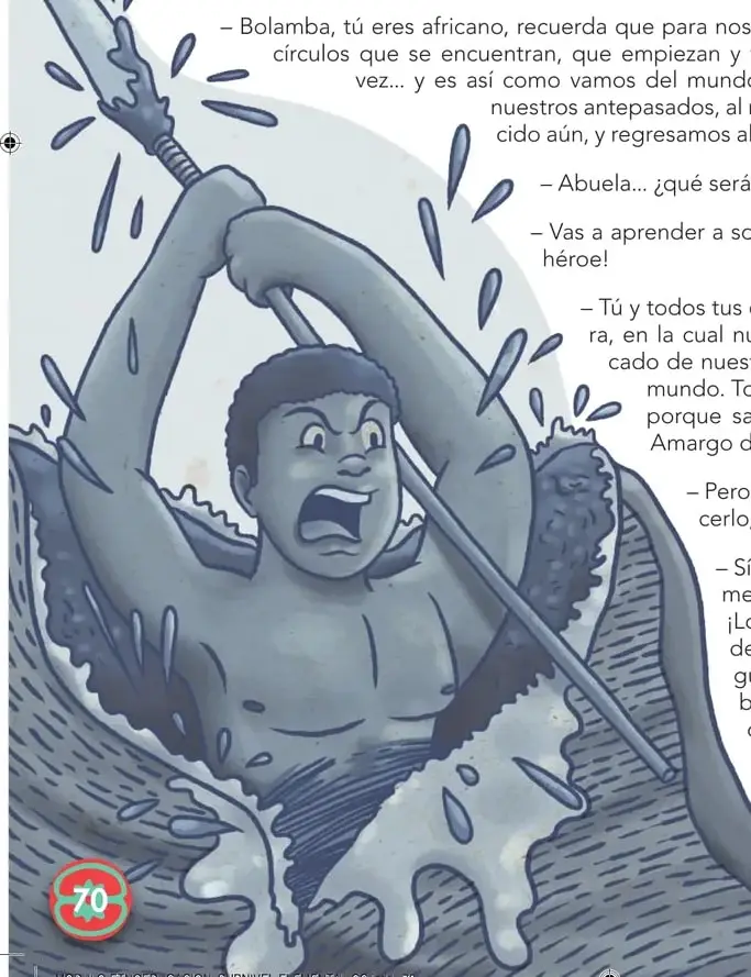 Ilustración de una mujer africana con pañoleta roja en la cabeza, sosteniendo en sus brazos varios peces grises. A la izquierda hay un fuego con leña encendida y volutas de humo. La escena evoca la cocina ancestral, la pesca, y la conexión espiritual con la abuela que aparece simbólicamente.