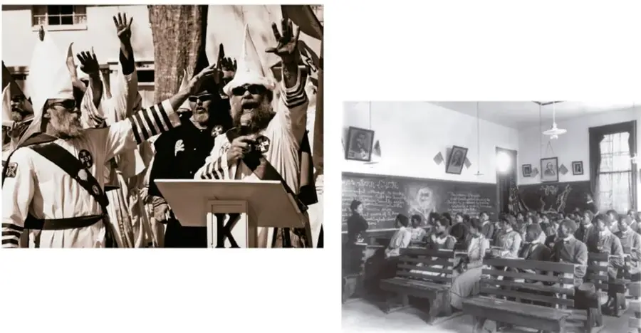 Fotografía en blanco y negro de una reunión del Ku Klux Klan, con personas vestidas con capuchas blancas y un cartel con la letra K.