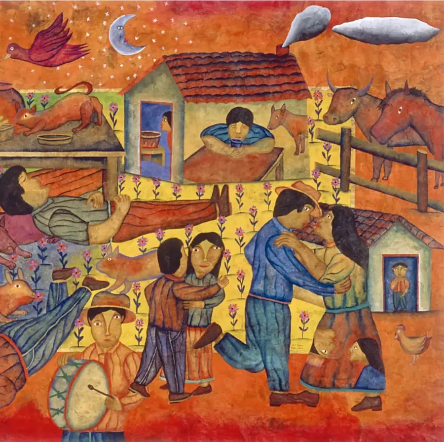 Pintura naïf 'Día de fiesta' (1998) de Román Andrade Llaguno: escena nocturna en tonos naranjas y rojos con luna creciente y estrellas; en el centro una pareja baila tomada de las manos; un niño toca el tambor; una mujer descansa, otras personas conversan; hay casas con techos de tejas, una cerca de madera, toros, un caballo, un gato, un perro, gallinas y un pájaro rojo volando.
