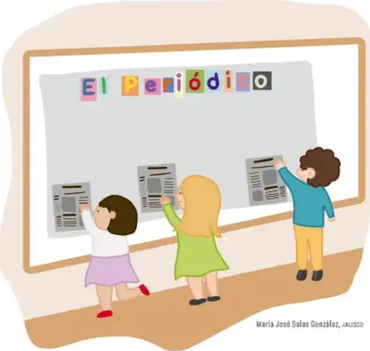 Ilustración de tres niños y niñas frente a un periódico mural titulado 'El Periódico'; uno de ellos coloca una nota mientras los otros observan.