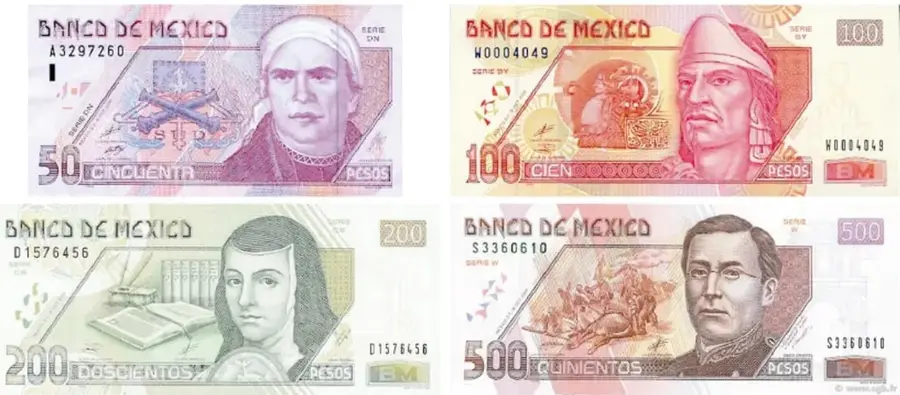 Cuatro billetes de emisiones anteriores del Banco de México: 50, 100, 200 y 500 pesos, con retratos de personajes históricos y escenas.