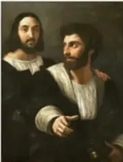 Autorretrato de Rafael Sanzio con un amigo, dos hombres con ropa renacentista