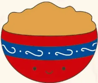 Ilustraciones de vasijas con carita sonriente: un tazón rojo con adornos azules lleno de cacahuatole, un jarro blanco con pozol y un cántaro de barro con tascalate.
