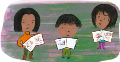 Ilustración de tres niños y niñas sosteniendo cuentos abiertos, con fondo verde.