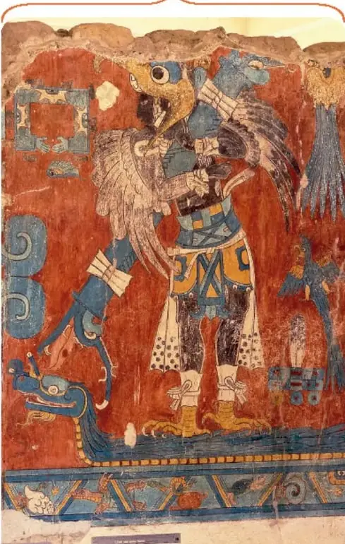 Pintura mural del edificio A de los guerreros en Cacaxtla, Tlaxcala, que muestra un personaje con cabeza de ave, taparrabos y escudo sobre fondo rojo.