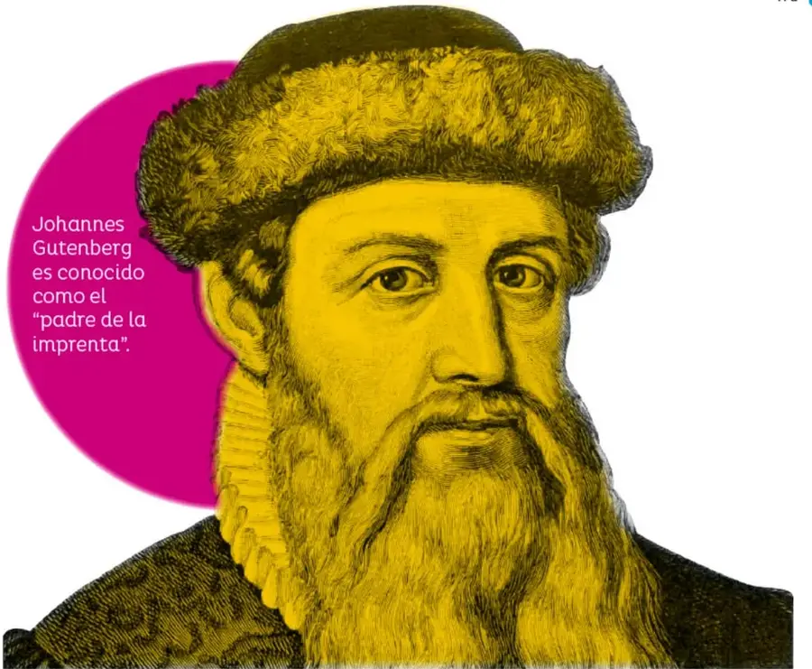 Retrato grabado de Johannes Gutenberg con gorro de piel y larga barba, coloreado en amarillo y negro sobre un círculo magenta con el texto 'padre de la imprenta'.