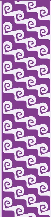 Franja vertical morada con un patrón decorativo de espirales blancas estilo prehispánico.