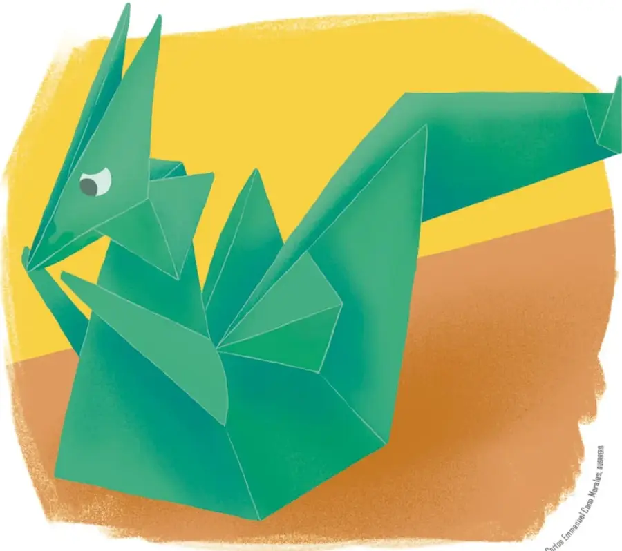 Ilustración de un dragón de papel verde con orejas puntiagudas, cola larga y un ojo visible, sobre fondo amarillo y marrón.